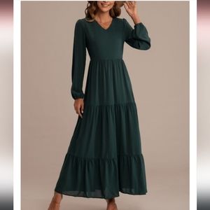 Long Sleeve V Neck Tiered Solid Maxi Dress